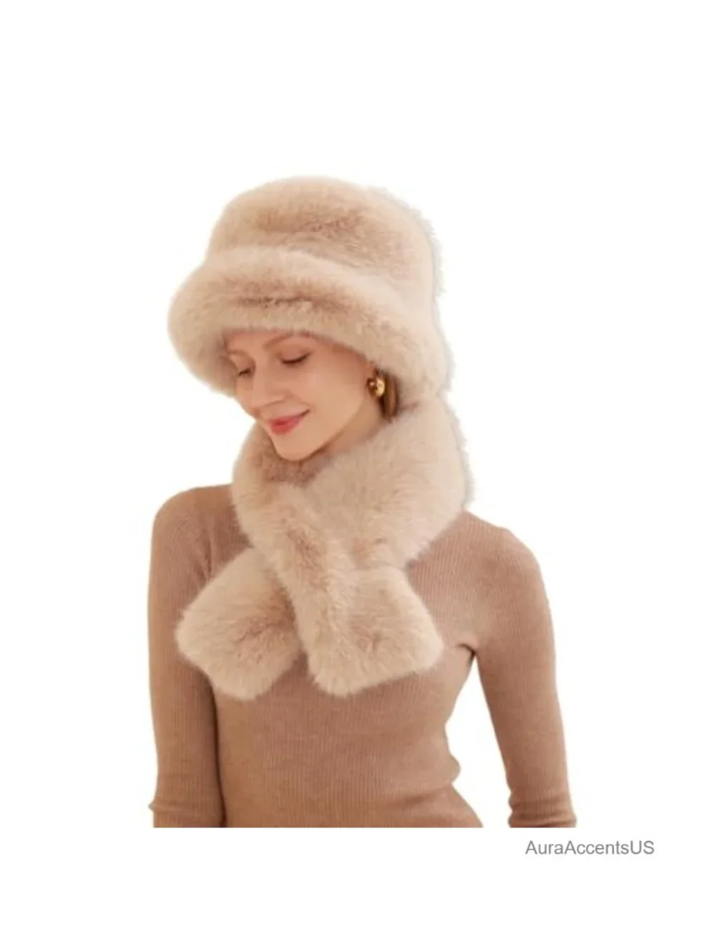 Faux Fur Bucket Hat with Scarf Set, Winter Fuzzy Cloche Beanie, Ski Snow Hat